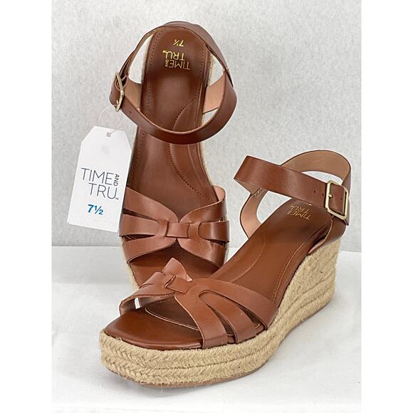 Time and Tru Shoes - Time and Tru Cognac Espadrilles Ankle Strap Memory Foam Wedges NWT 7.5